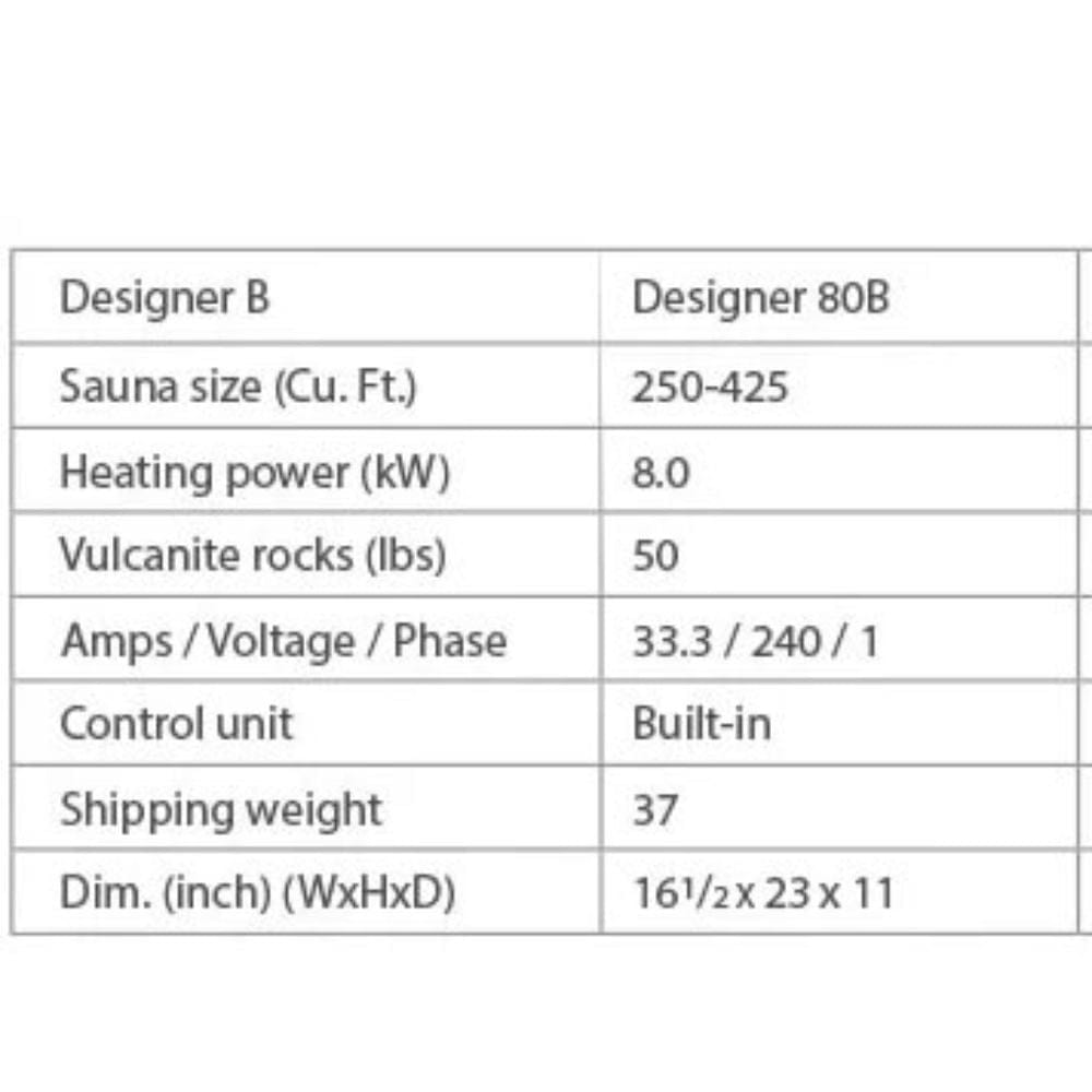Designer B 8KW Sauna Heater with Rocks 9053-210 specifications