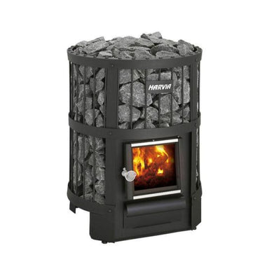 The Harvia 150 SL wood sauna stove is placed in the sauna and the firewood is inserted into the fire chamber from the other side of the wall