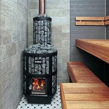 The large amount of stones integrated with the modern black steel grate structure gives this wood-burning heater a longer lifespan