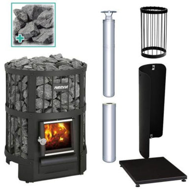 This carefully crafted package contains the Harvia Legend 150 Stove, Large Protective Bedding, Protective Sheath, 1500M Chimney Kit, 1000MM Chimney Extension, and Stones