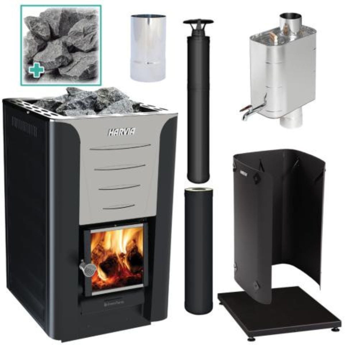 The Harvia PRO 20 Package combines everything you need, in one place. This all-inclusive package includes a Harvia PRO 20 Stove, Protective bedding, Protective sheath, 1500MM chimney kit, 1000MM chimney extension, stainless steel water heater, and smoke pipe, and Stones