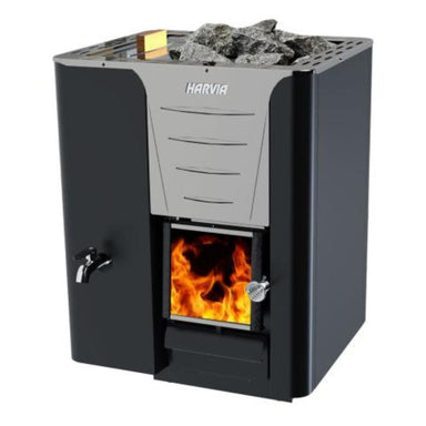 Perfect for cottage settings the Harvia PRO 20 LS wood-burning sauna stove has a 30-liter fixed water tank on the left side of the heater