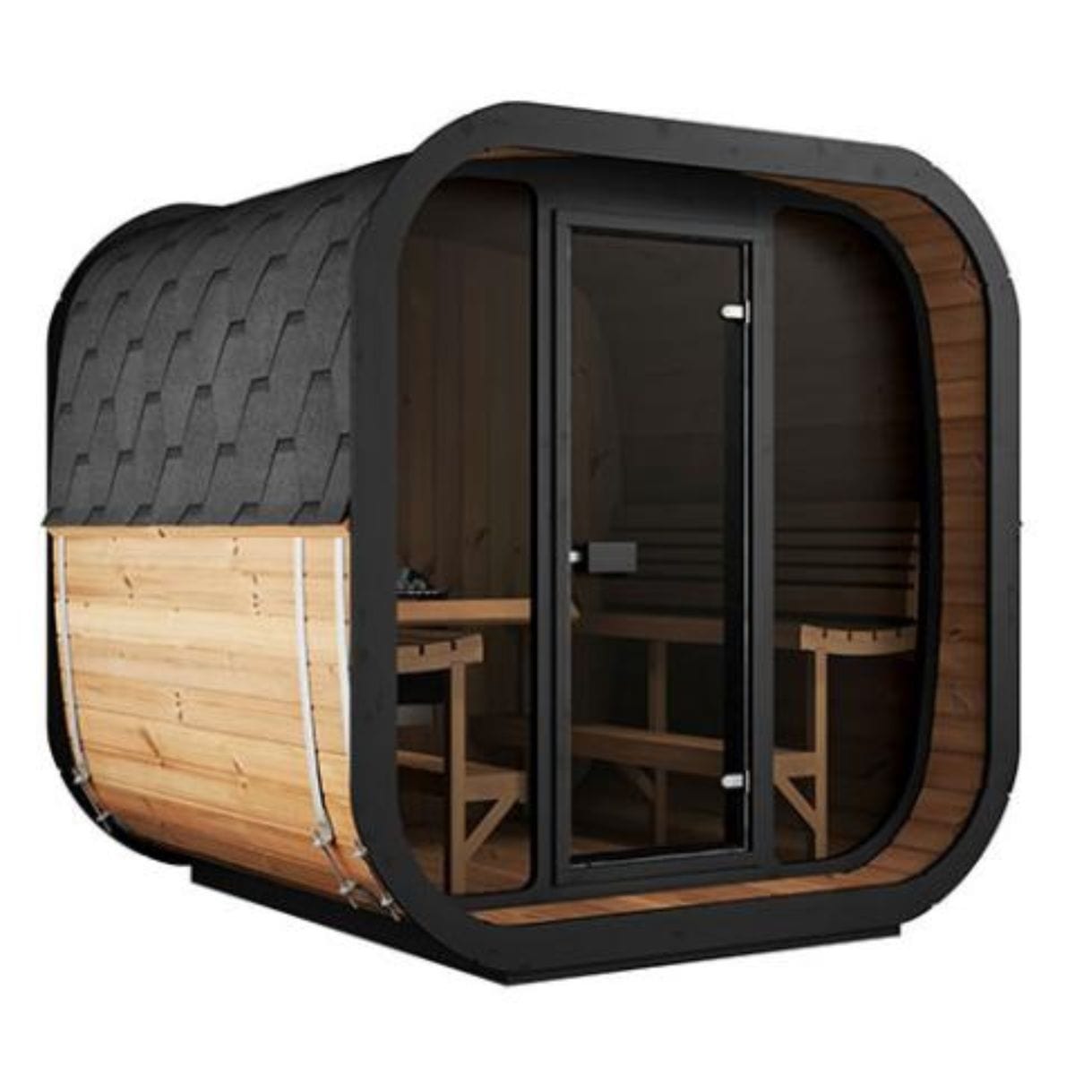 Its modern Scandinavian design features a full-glass front that showcases an incredibly spacious interior with room for up to 2 bathers and an interior height of over 6’2”