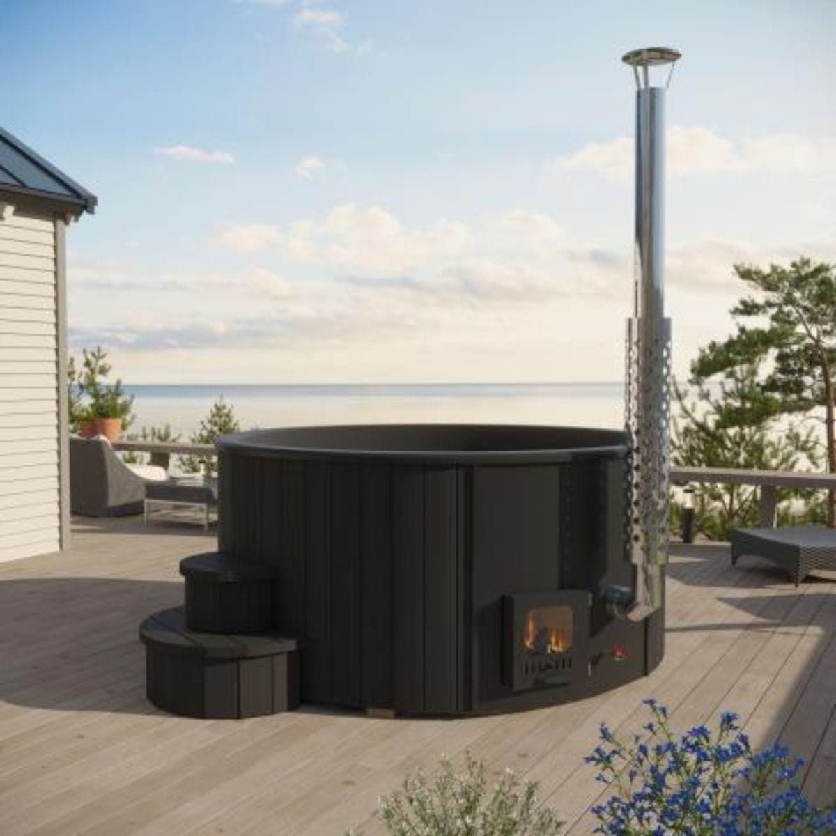 The Model S4 wood-fired hot tub arrives completely assembled and is easy to set up